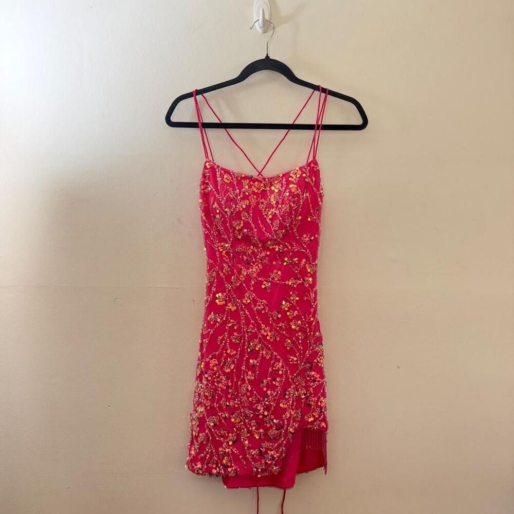 Vintage Designer Hand-Beaded Sequin Pink Mini Dress w/ Fringe Back, Size 4